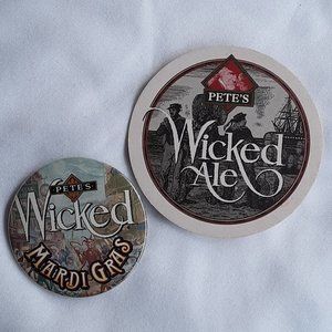 Pete's Wicked Mardi Gras 1996 Pete's Brewing Co. USA 3" Pin Button + Coaster VG